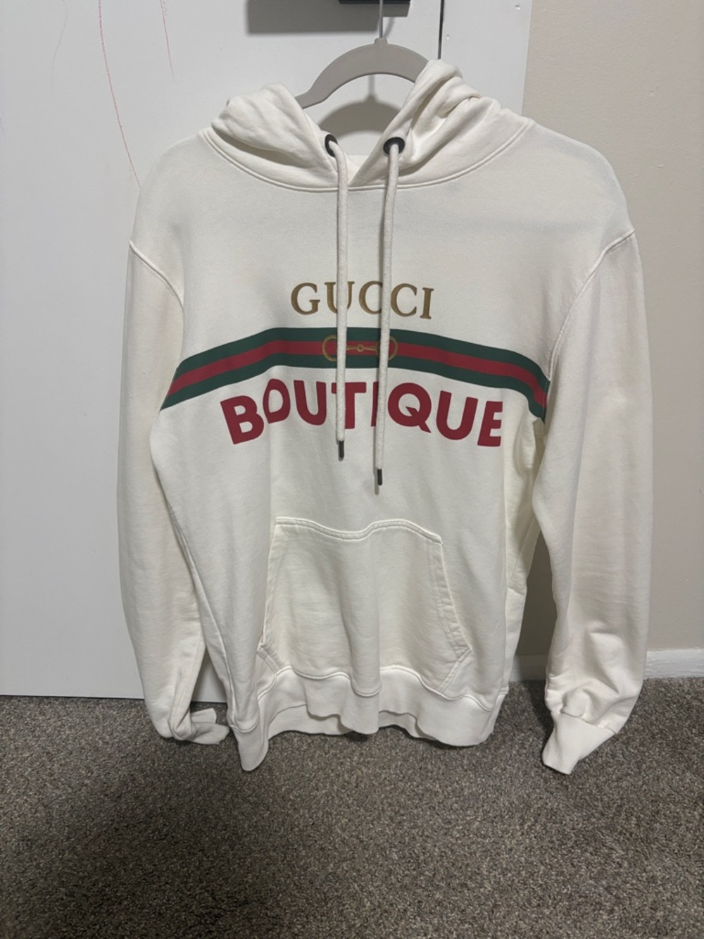 Gucci Cream Hoodie Sweatshirt with Green-Red Stripe and Boutique Logo